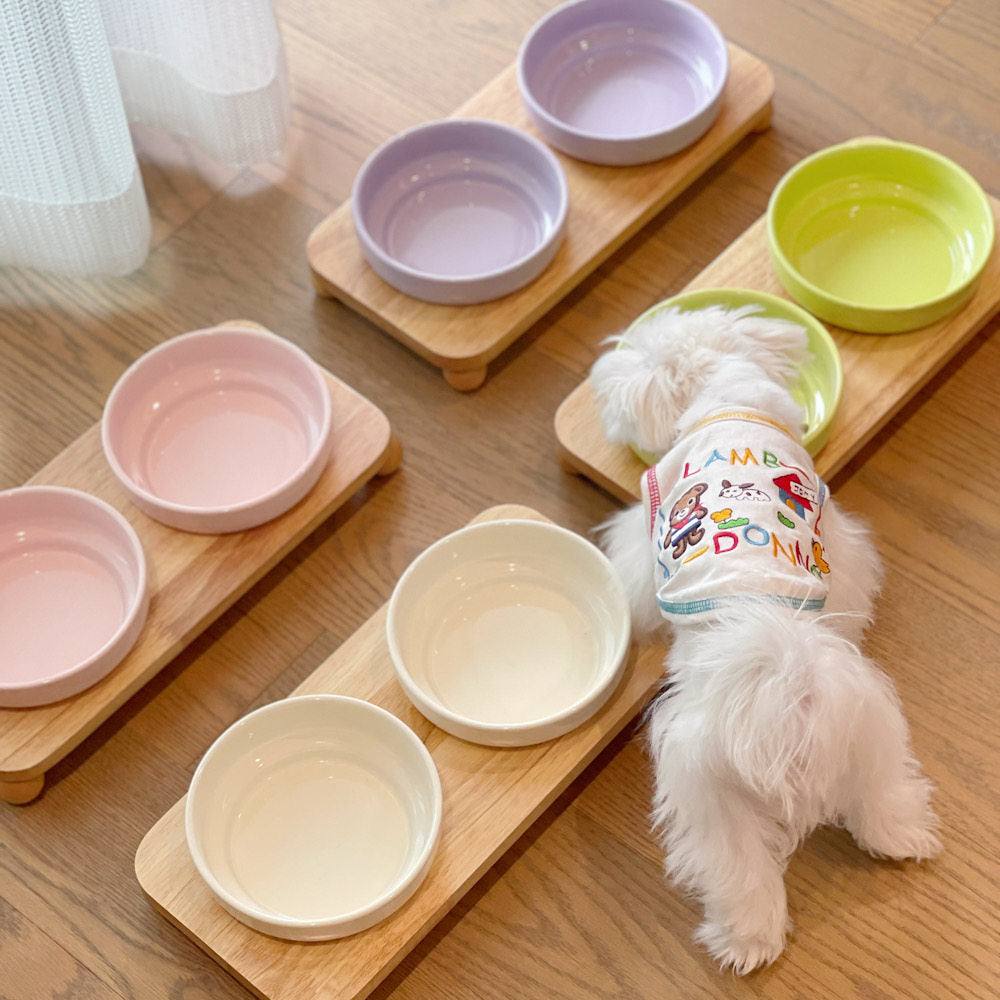 Elevated Ceramic Pet Bowl with Wooden Stand for Cats & Small Dogs – Wide Mouth Design