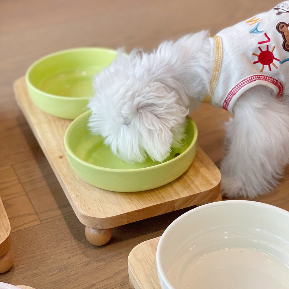 Elevated Ceramic Pet Bowl with Wooden Stand for Cats & Small Dogs – Wide Mouth Design