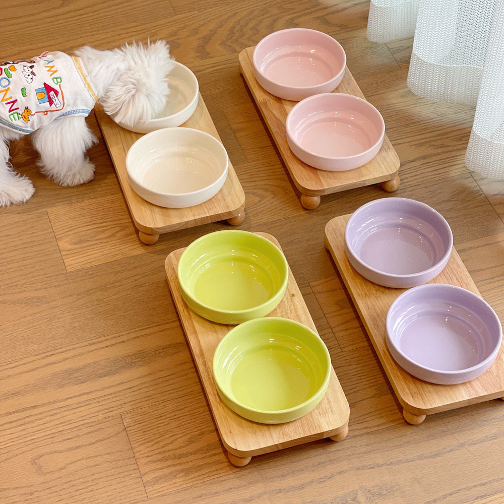 Elevated Ceramic Pet Bowl with Wooden Stand for Cats & Small Dogs – Wide Mouth Design