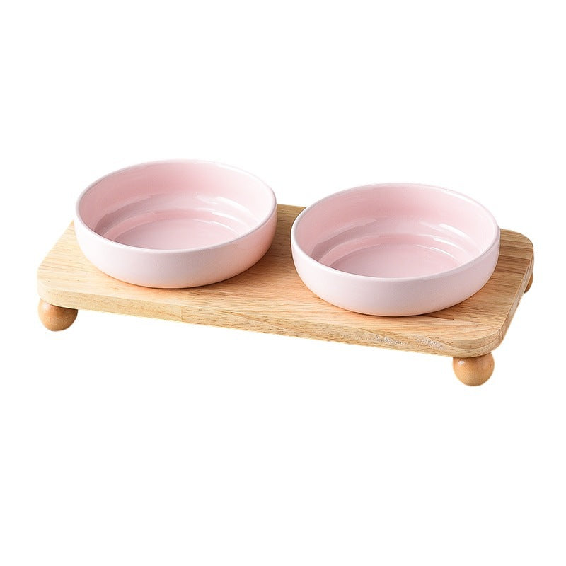 Elevated Ceramic Pet Bowl with Wooden Stand for Cats & Small Dogs – Wide Mouth Design