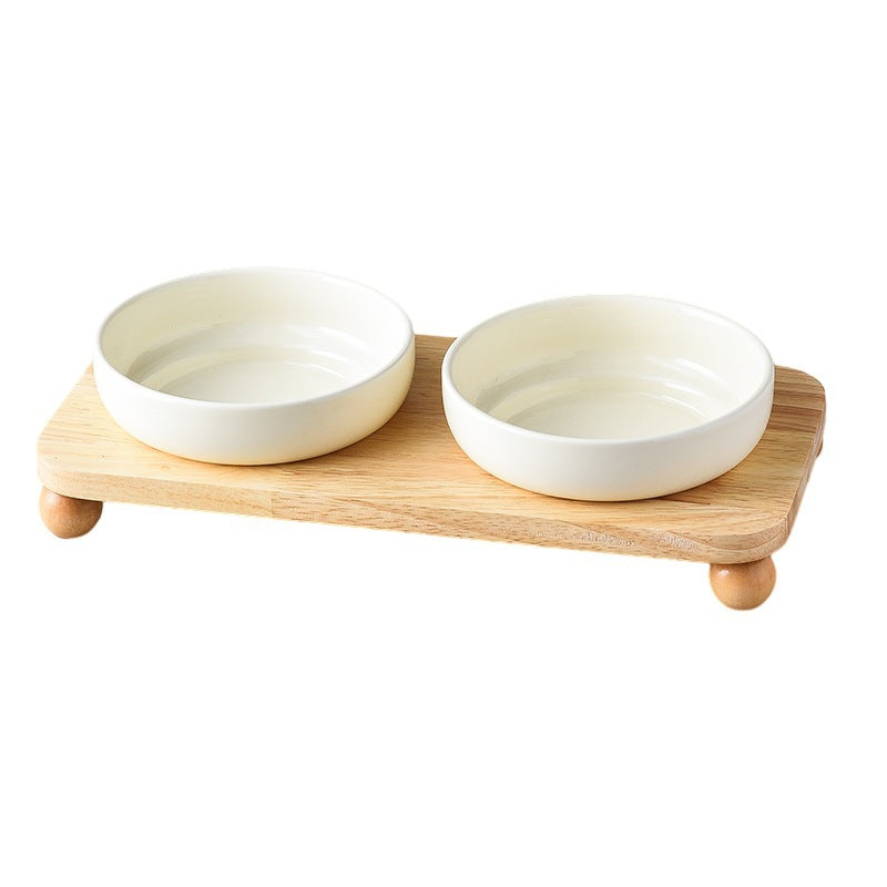 Elevated Ceramic Pet Bowl with Wooden Stand for Cats & Small Dogs – Wide Mouth Design
