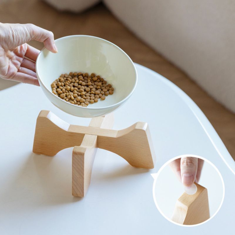 Elevated Tilted Ceramic Pet Bowl with Beech Wood Stand – For Cats & Small Dogs