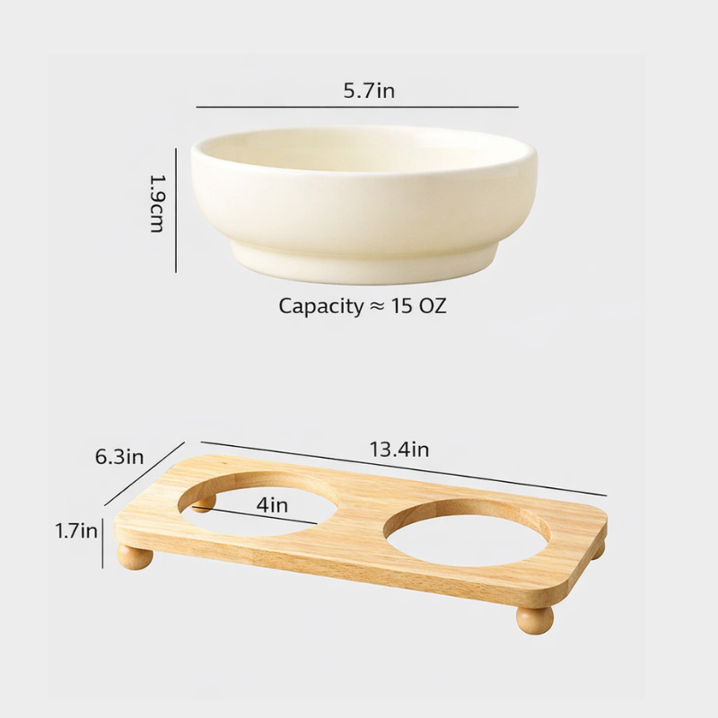Elevated Ceramic Pet Bowl with Wooden Stand for Cats & Small Dogs – Wide Mouth Design