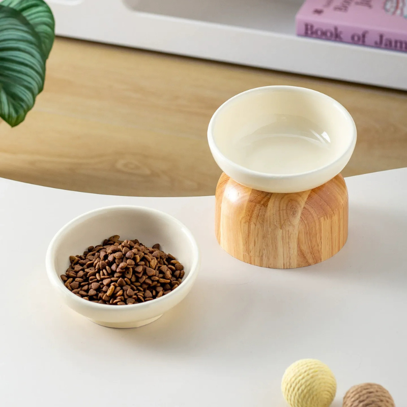 Elevated Pet Bowl with Ceramic Bowl & Oak Wood Stand 1pcs