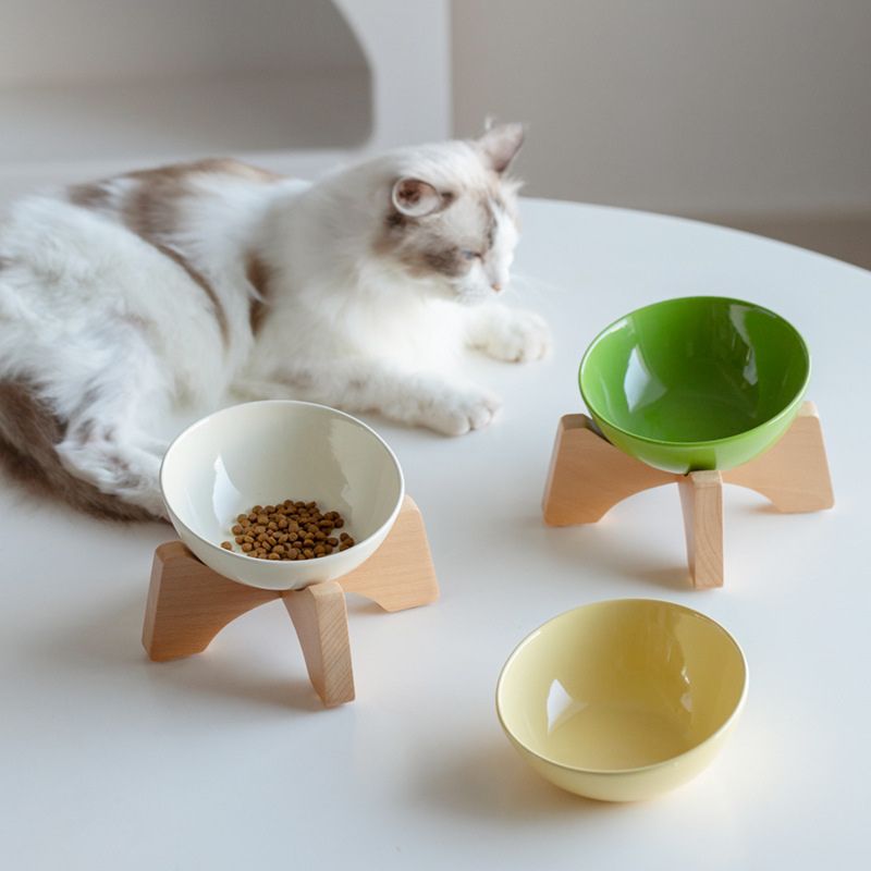 Elevated Tilted Ceramic Pet Bowl with Beech Wood Stand – For Cats & Small Dogs