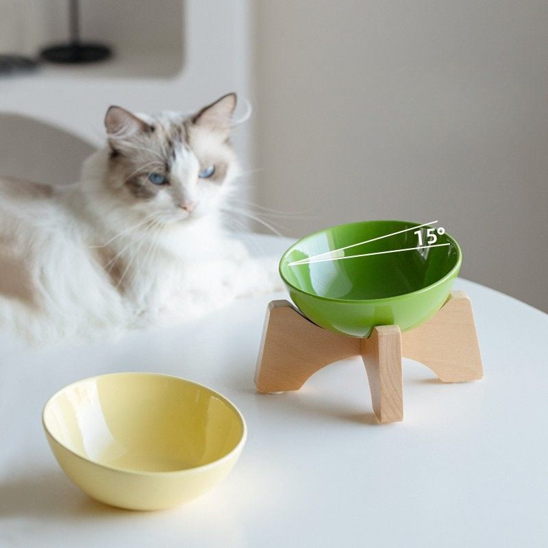 Elevated Tilted Ceramic Pet Bowl with Beech Wood Stand – For Cats & Small Dogs