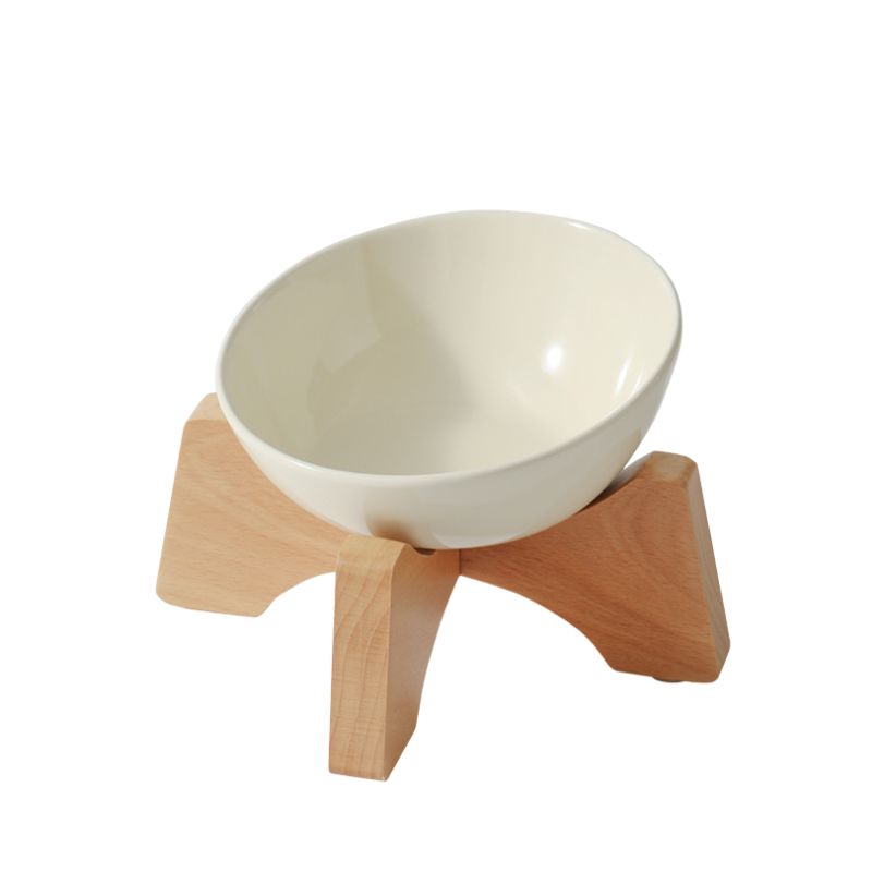 Elevated Tilted Ceramic Pet Bowl with Beech Wood Stand – For Cats & Small Dogs