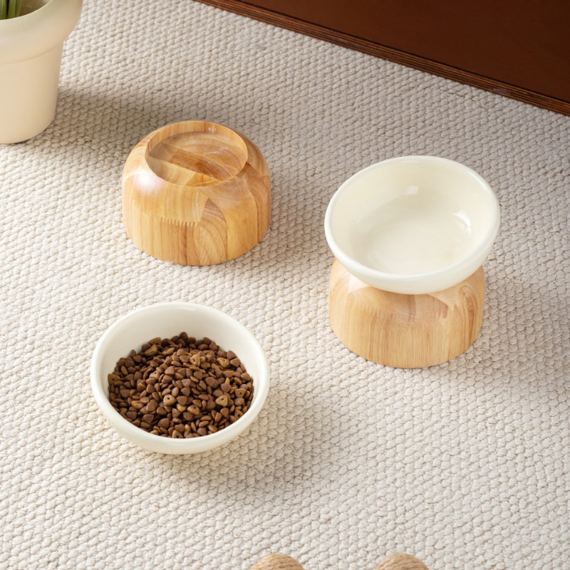 Elevated Pet Bowl with Ceramic Bowl & Oak Wood Stand 1pcs