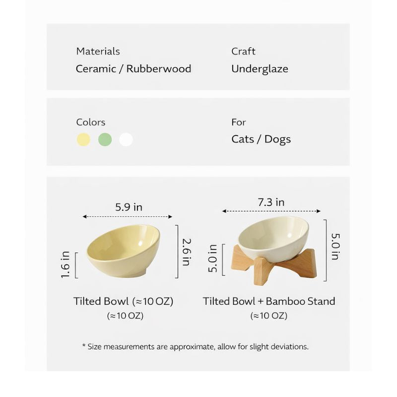 Elevated Tilted Ceramic Pet Bowl with Beech Wood Stand – For Cats & Small Dogs