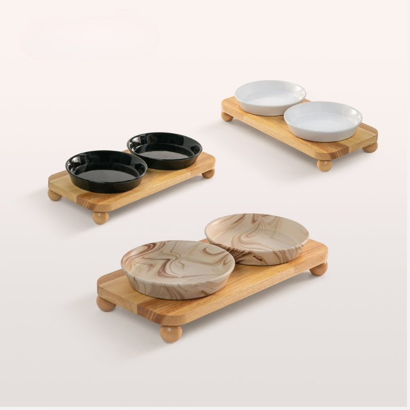 Marble Pattern Ceramic Cat Bowl with Black Wooden Stand – Shallow Dish Pet Bowl