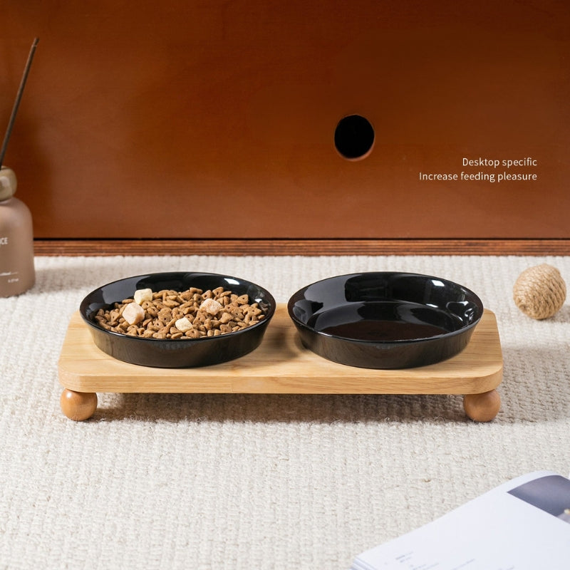 Marble Pattern Ceramic Cat Bowl with Black Wooden Stand – Shallow Dish Pet Bowl