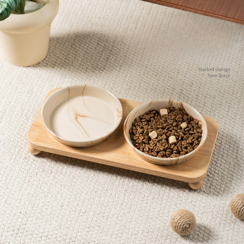 Marble Pattern Ceramic Cat Bowl with Black Wooden Stand – Shallow Dish Pet Bowl
