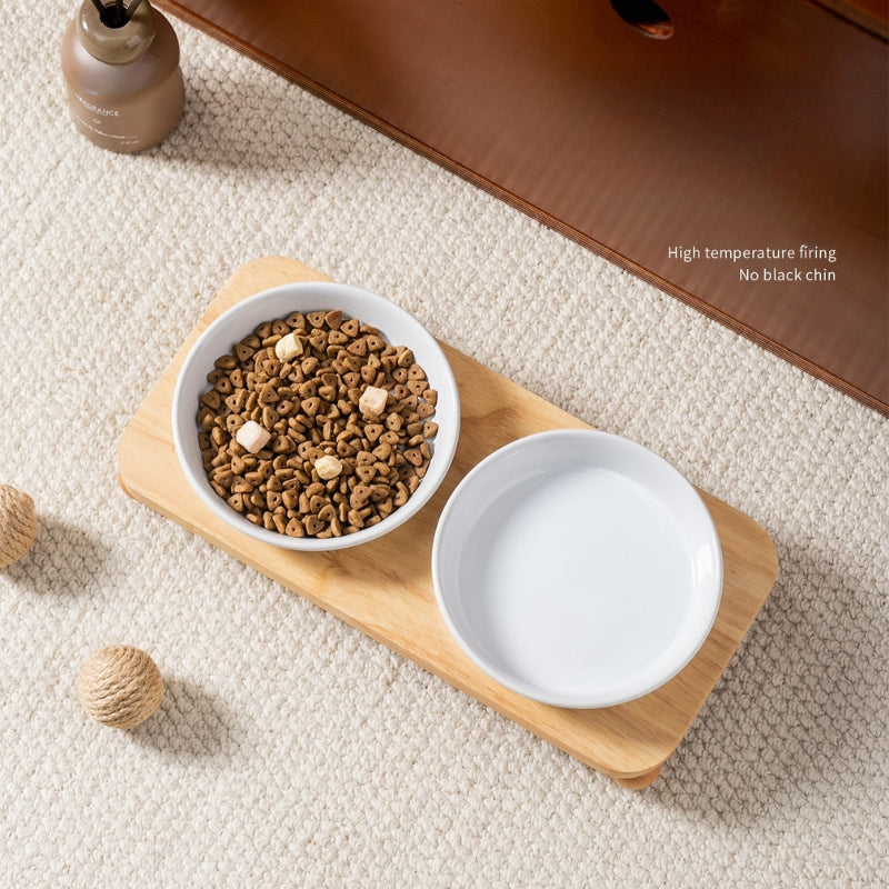 Marble Pattern Ceramic Cat Bowl with Black Wooden Stand – Shallow Dish Pet Bowl