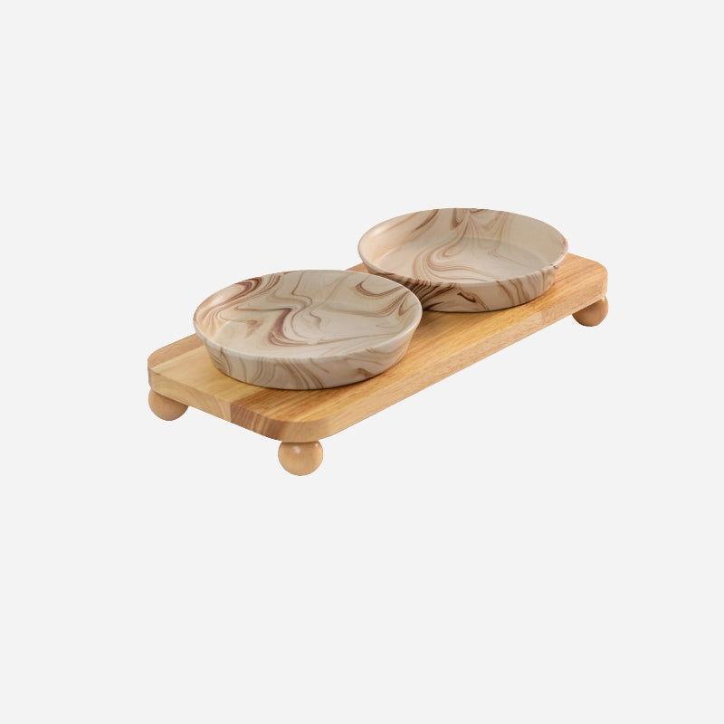 Marble Pattern Ceramic Cat Bowl with Black Wooden Stand – Shallow Dish Pet Bowl