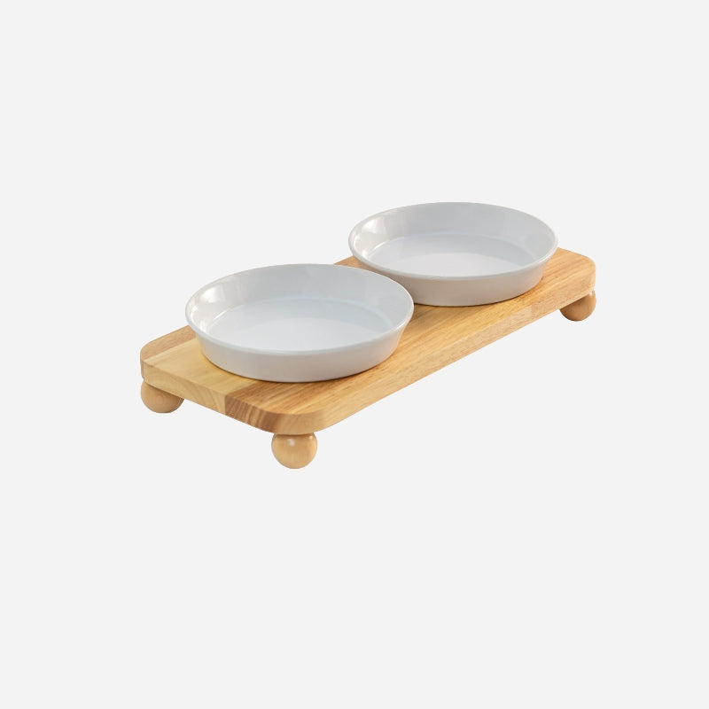 Marble Pattern Ceramic Cat Bowl with Black Wooden Stand – Shallow Dish Pet Bowl