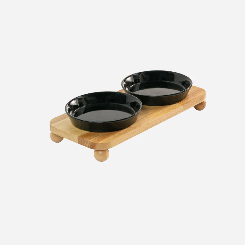 Marble Pattern Ceramic Cat Bowl with Black Wooden Stand – Shallow Dish Pet Bowl