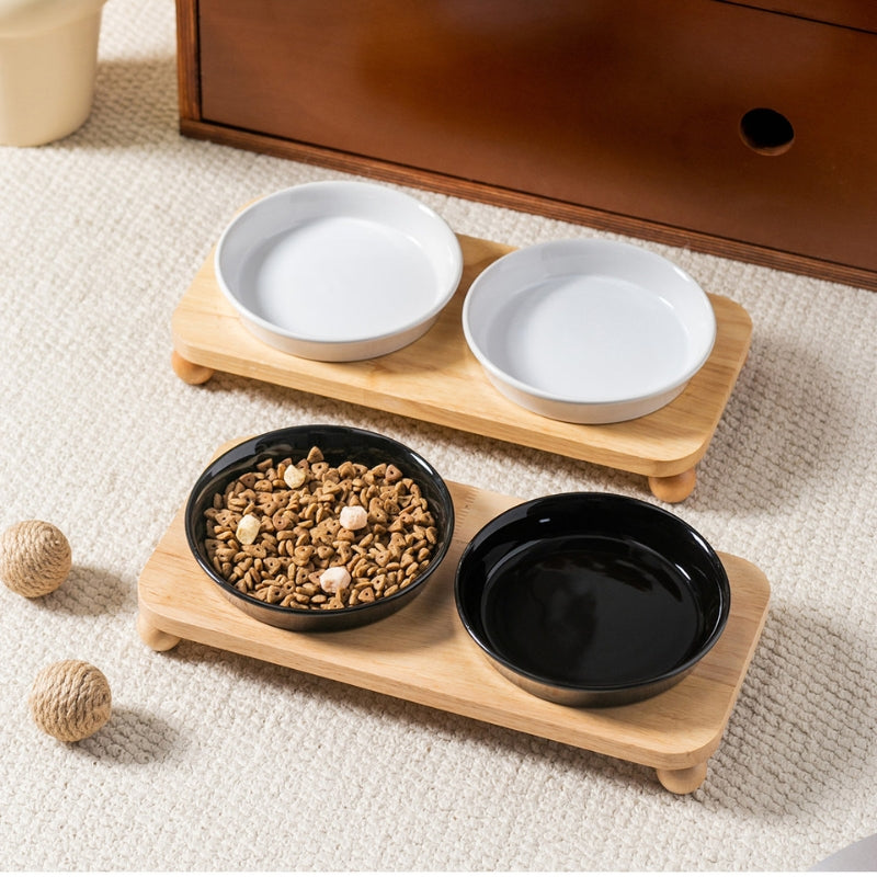 Marble Pattern Ceramic Cat Bowl with Black Wooden Stand – Shallow Dish Pet Bowl