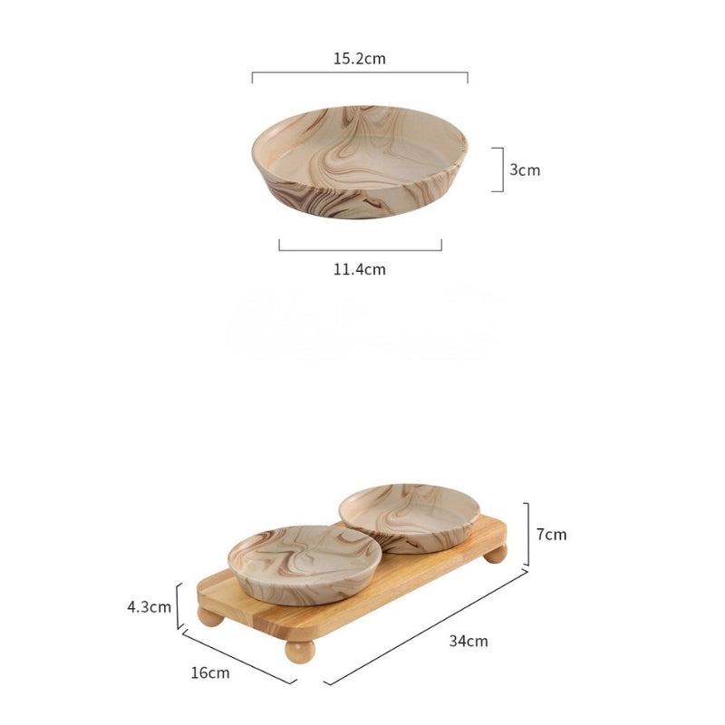 Marble Pattern Ceramic Cat Bowl with Black Wooden Stand – Shallow Dish Pet Bowl