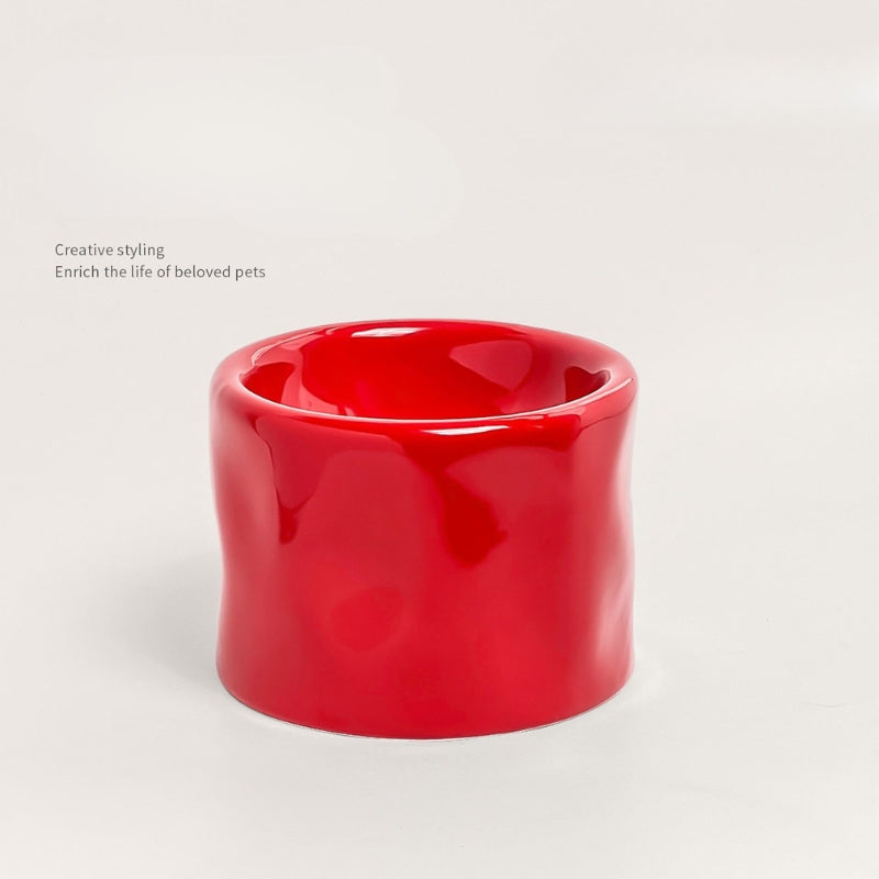 Handcrafted Irregular Black Ceramic Elevated Pet Bowl – Wide Mouth Neck Support Bowl for Cats & Small Dogs