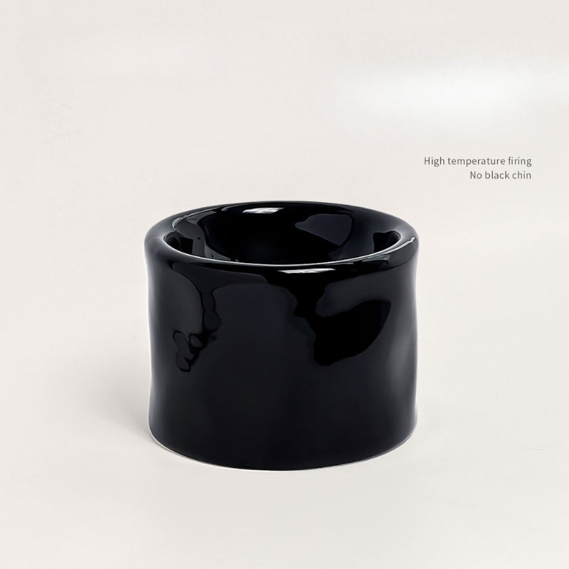 Handcrafted Irregular Black Ceramic Elevated Pet Bowl – Wide Mouth Neck Support Bowl for Cats & Small Dogs