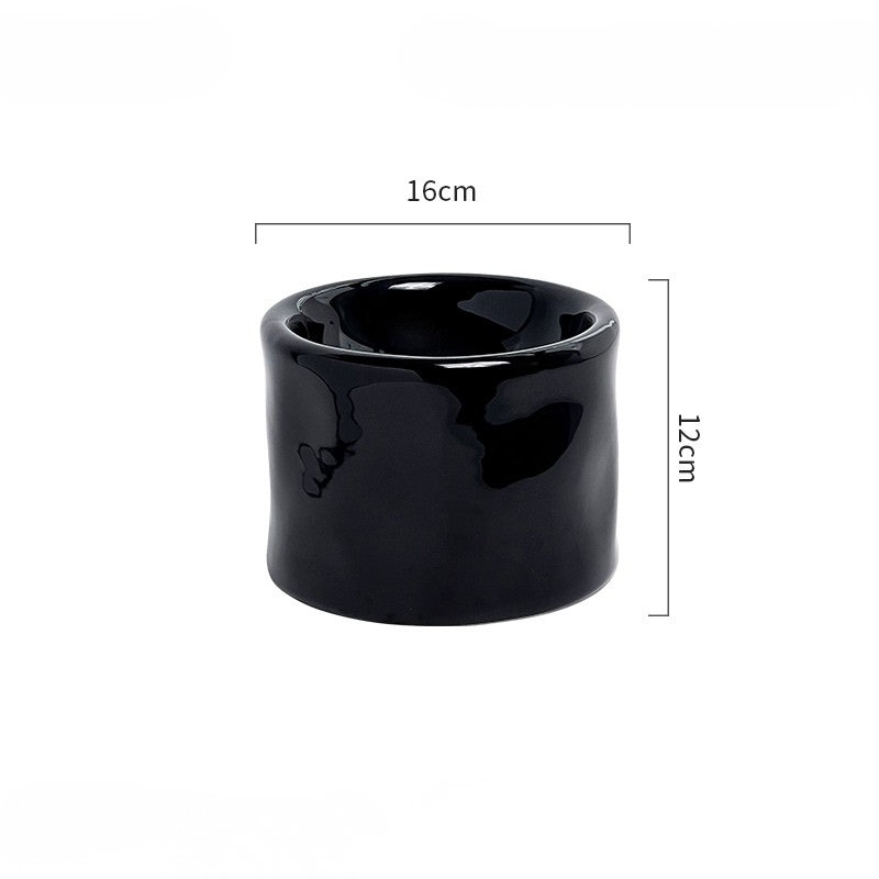 Handcrafted Irregular Black Ceramic Elevated Pet Bowl – Wide Mouth Neck Support Bowl for Cats & Small Dogs