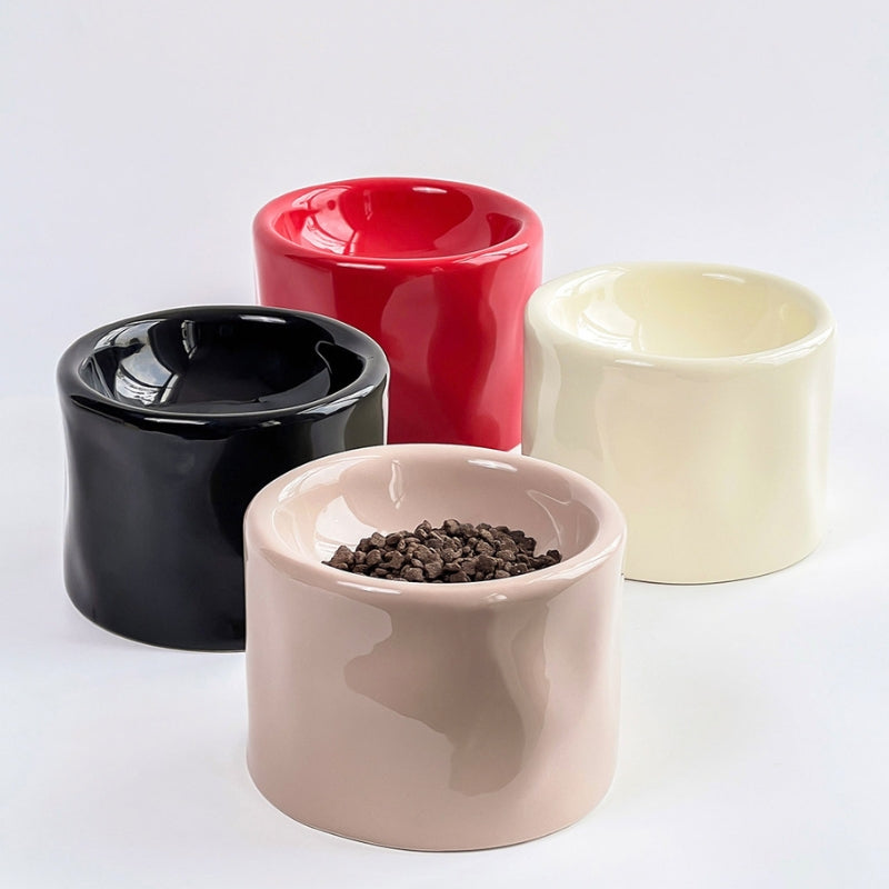Handcrafted Irregular Black Ceramic Elevated Pet Bowl – Wide Mouth Neck Support Bowl for Cats & Small Dogs