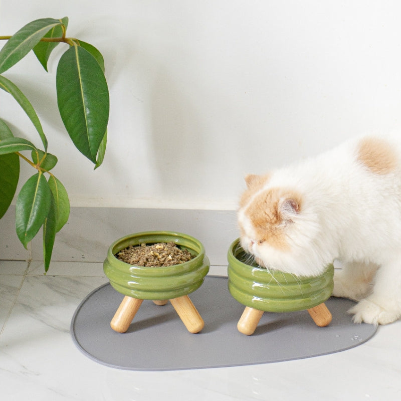 Ceramic Elevated Cat Bowl with Wooden Stand – Neck Support Food & Water Bowl for Cats