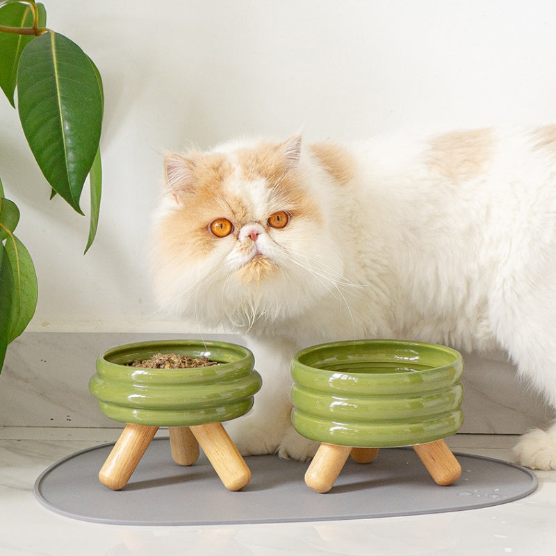 Ceramic Elevated Cat Bowl with Wooden Stand – Neck Support Food & Water Bowl for Cats