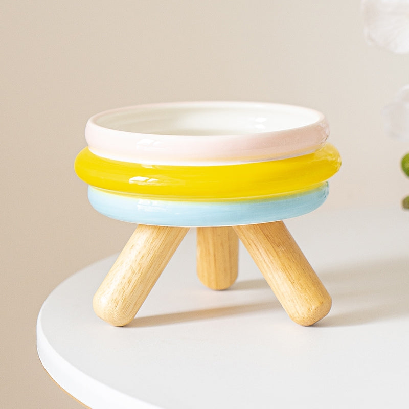 Ceramic Elevated Cat Bowl with Wooden Stand – Neck Support Food & Water Bowl for Cats
