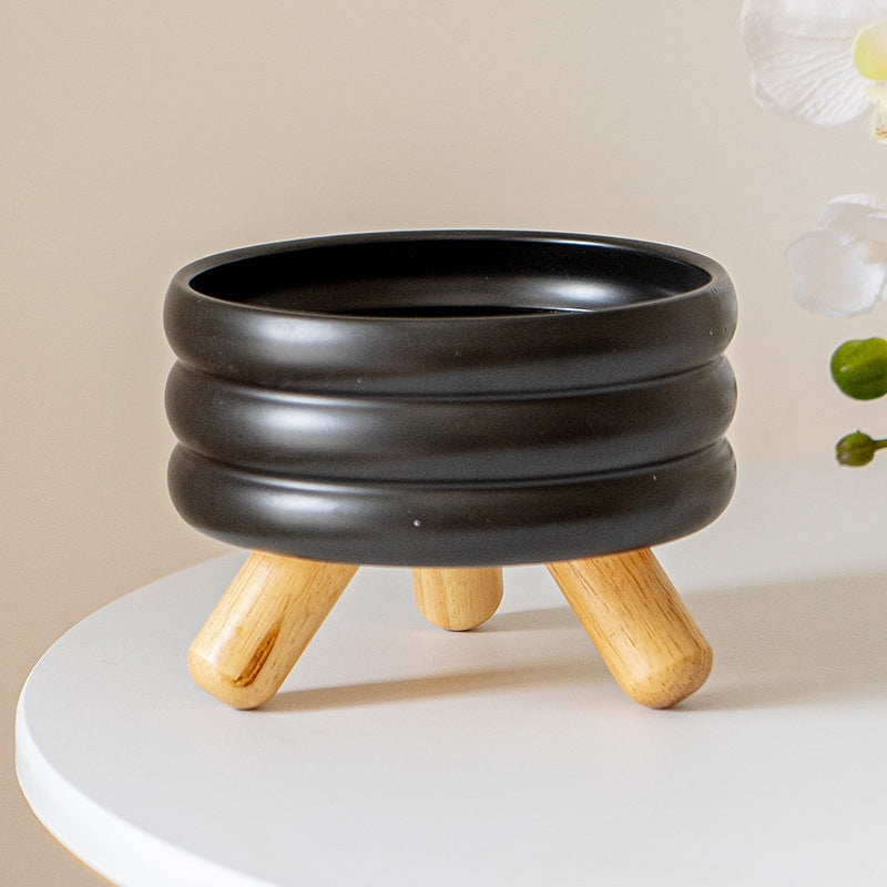 Ceramic Elevated Cat Bowl with Wooden Stand – Neck Support Food & Water Bowl for Cats