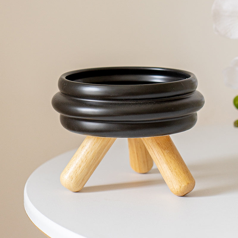 Ceramic Elevated Cat Bowl with Wooden Stand – Neck Support Food & Water Bowl for Cats