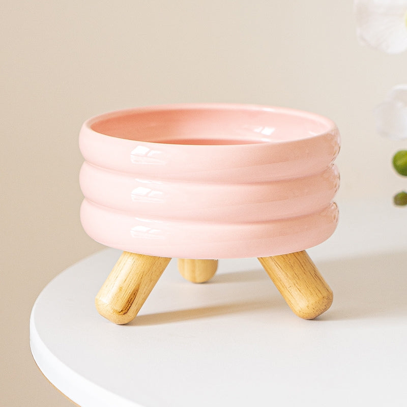 Ceramic Elevated Cat Bowl with Wooden Stand – Neck Support Food & Water Bowl for Cats