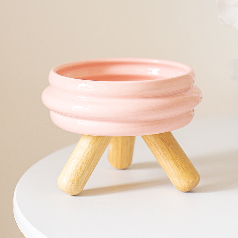 Ceramic Elevated Cat Bowl with Wooden Stand – Neck Support Food & Water Bowl for Cats
