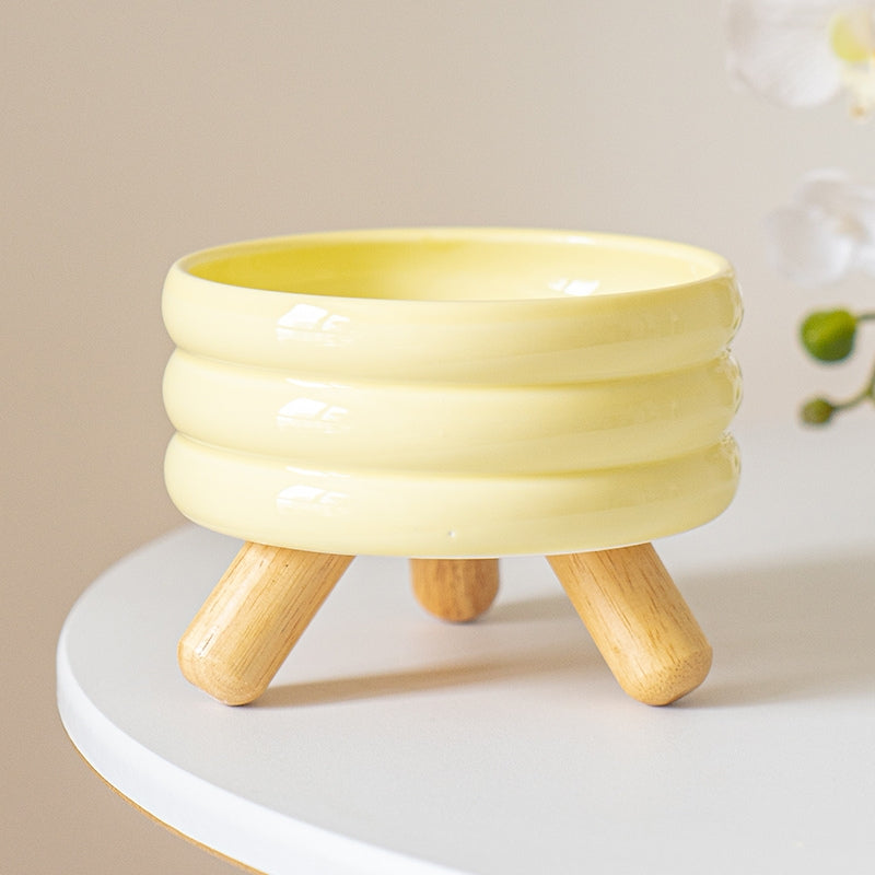 Ceramic Elevated Cat Bowl with Wooden Stand – Neck Support Food & Water Bowl for Cats