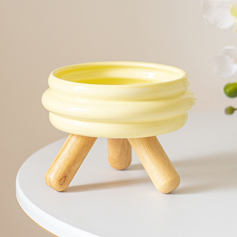 Ceramic Elevated Cat Bowl with Wooden Stand – Neck Support Food & Water Bowl for Cats