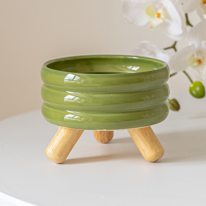Ceramic Elevated Cat Bowl with Wooden Stand – Neck Support Food & Water Bowl for Cats