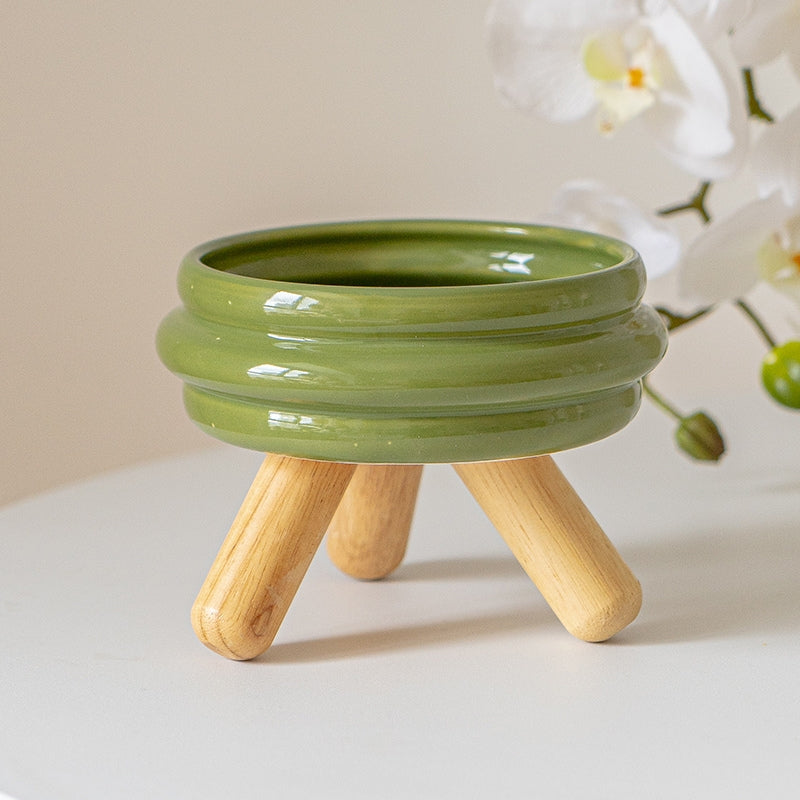Ceramic Elevated Cat Bowl with Wooden Stand – Neck Support Food & Water Bowl for Cats