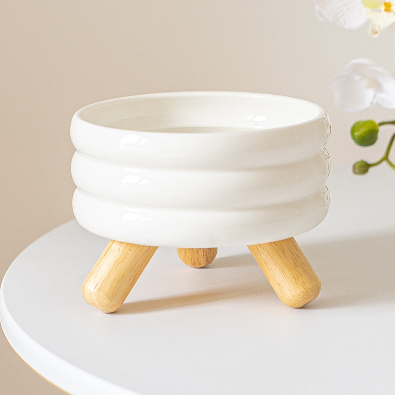 Ceramic Elevated Cat Bowl with Wooden Stand – Neck Support Food & Water Bowl for Cats