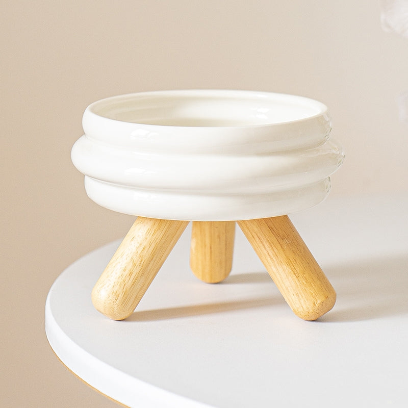 Ceramic Elevated Cat Bowl with Wooden Stand – Neck Support Food & Water Bowl for Cats
