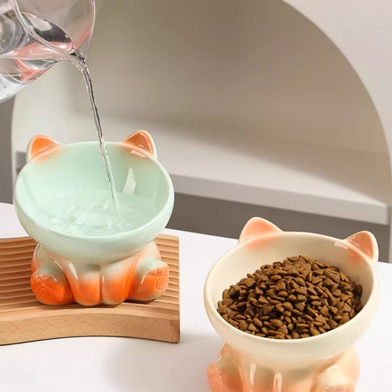 Gradient Ceramic Elevated Tilted Pet Bowl – Neck-Friendly Anti-Spill Bowl for Cats & Small Dogs