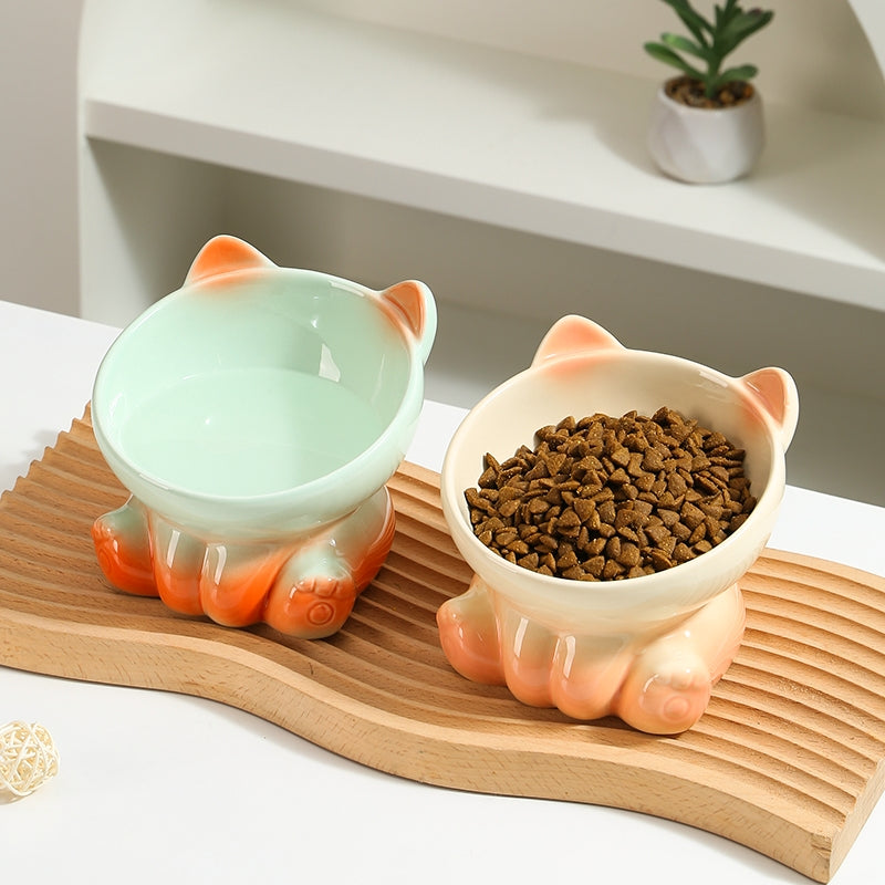 Gradient Ceramic Elevated Tilted Pet Bowl – Neck-Friendly Anti-Spill Bowl for Cats & Small Dogs