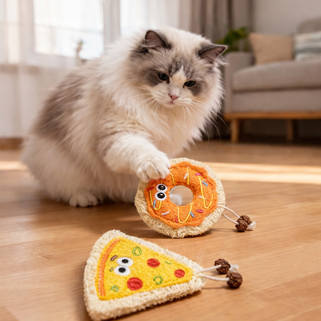 Loofah Cat Teaser Toy – Chewing & Dental Toy for Kittens